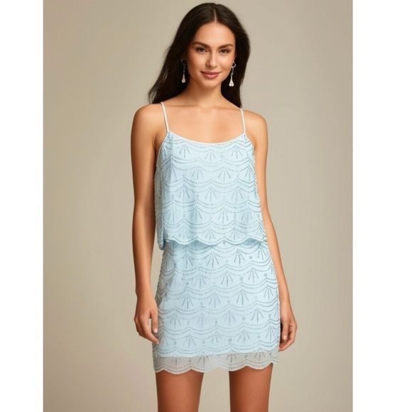 Xscape Rhinestone Beaded Tiered Formal Mini Dress Light Aqua Prom Homecoming 2 - Picture 2 of 16